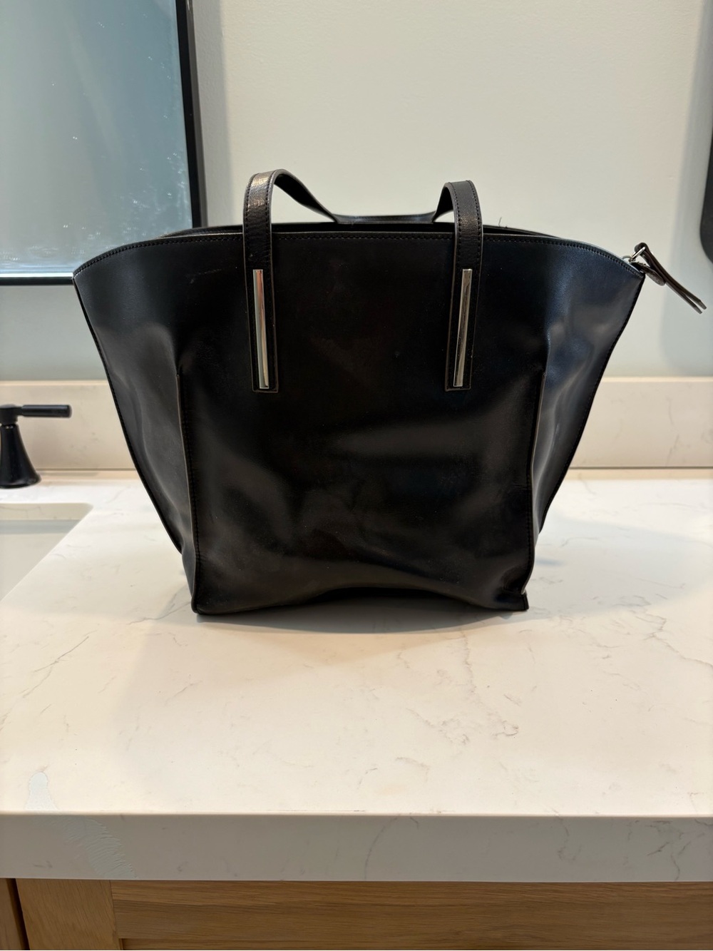 Classic Black Leather Tote Bag - Minimalist Work Tote